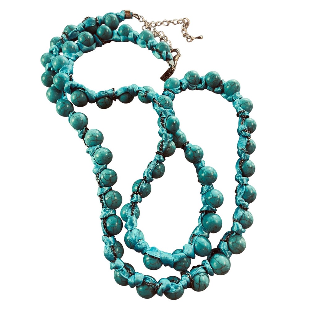 Vivi Turquoise Blue Ribbon Wrapped Beaded Long Statement Necklace Adjustable
